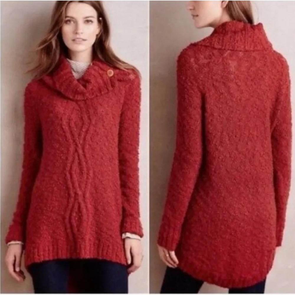 Moth Anthropologie Sweater Women M Rust Orange Cowl Neck Chunky Knit Button Boho